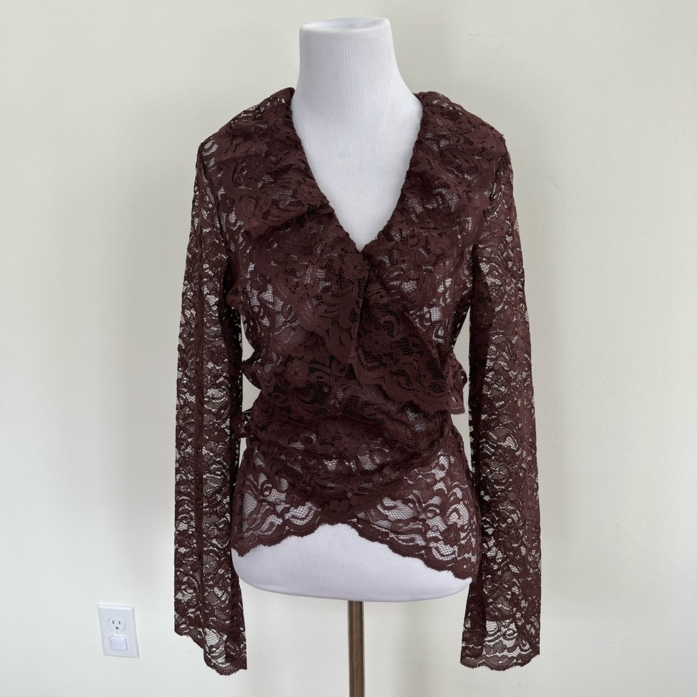 NWOT Moda International Brown Lace Wrap Top Size: Medium